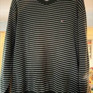 Tommy Hilfiger Green and White Striped V-Neck Sweatshirt